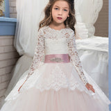 2017 Pageant Dresses for Girls Glitz Long Sleeves Lace Up Ball Gown Appliques Bow Sashes Birthday First Flower Girl Dresses Hot - Growing Kids