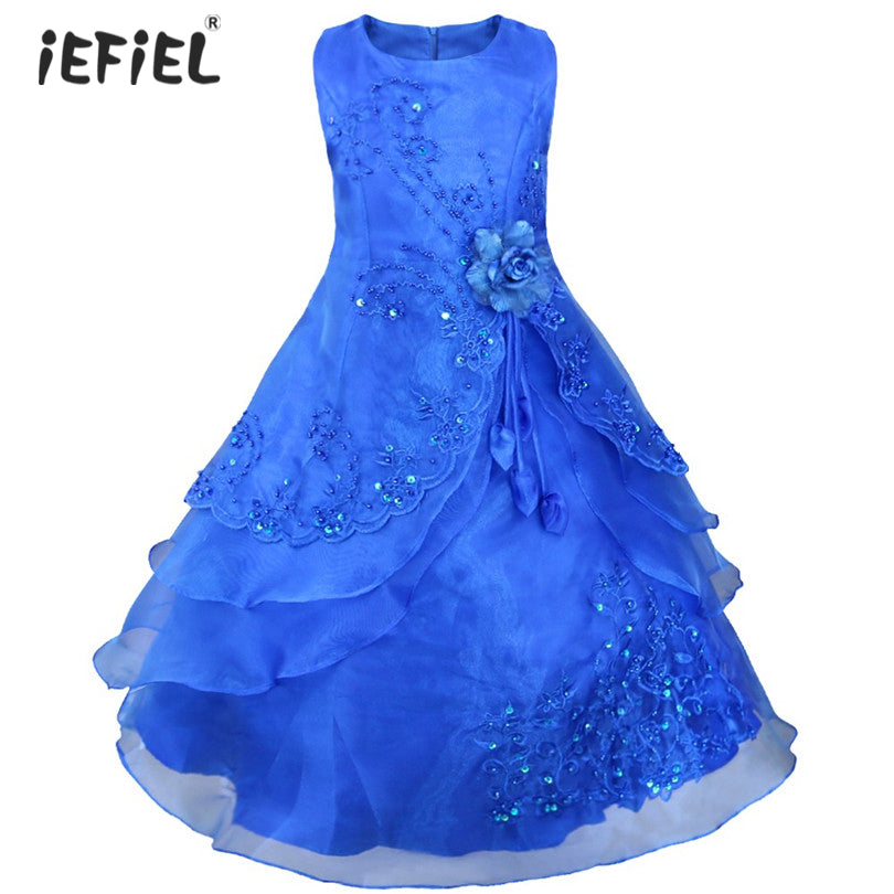 Kids Flower Dress for Girls Embroidered Pageant Bridesmaid Wedding Party Dress Ball Gown Princess Formal Occassion Long Dresses Royal Blue 8