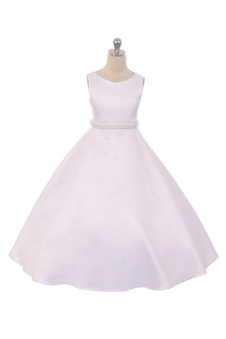 KD386- Long Satin Pearl Trim Communion Dress