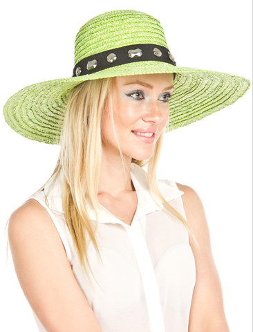 Lime Green Wheat Straw Wide Bejeweled Brim Hat - Growing Kids