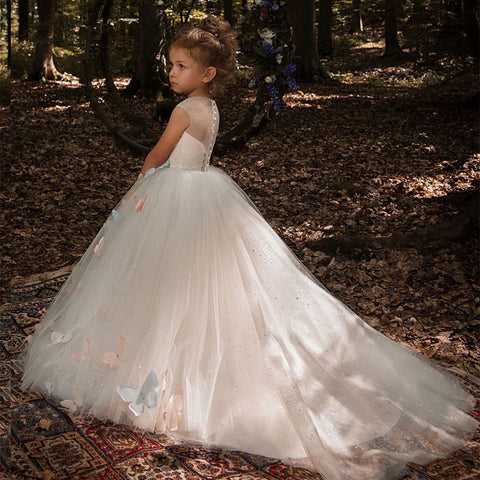 Fancy Butterfly Decoration Ivory Tulle Flower Girl Dress Sheer Neckline Cap Sleeves Kids Pageant Ball Gowns with Rhinestones - Growing Kids