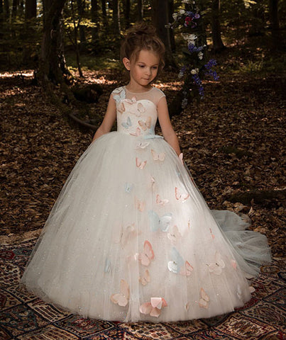 Fancy Butterfly Decoration Ivory Tulle Flower Girl Dress Sheer Neckline Cap Sleeves Kids Pageant Ball Gowns with Rhinestones - Growing Kids