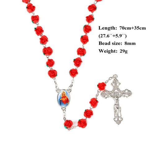 New Arrival 8mm Polymer Clay Rose Beads Rosary Catholic Necklace With Holy Soil Medal Crucifix Prayer Religious Cross Necklaces - Growing Kids