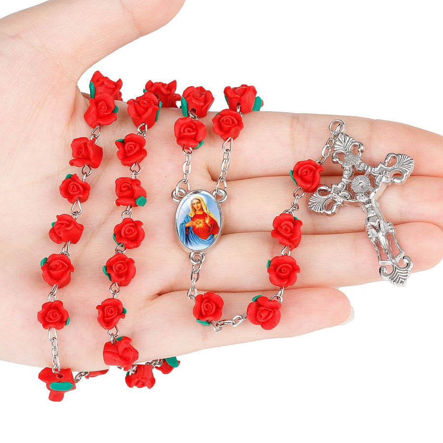 New Arrival 8mm Polymer Clay Rose Beads Rosary Catholic Necklace With Holy Soil Medal Crucifix Prayer Religious Cross Necklaces - Growing Kids