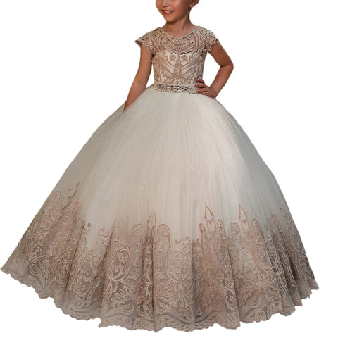 champagne flower girls dresses longvestido para menina tulle girls dress kids ball gowns fancy first communion dress for girls - Growing Kids