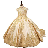 OB-Golden Perles Robes De Fille De Fleur Pour Le Mariage À La Mode Pageant Robe Sans Manches En Dentelle Appliques Robes De Sainte Communion pour fille