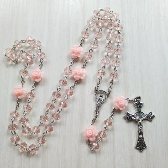 QIGO Pink Rose Crystal Rosary Necklace Catholic Vintage Cross Pendant Long Necklace Religious Jewelry