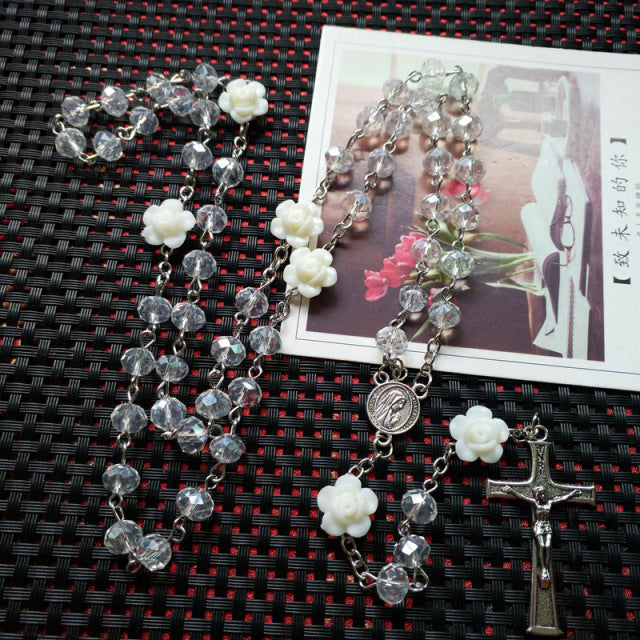 QIGO – collier chapelet en cristal Rose, pendentif croix catholique Vintage, Long collier, bijoux religieux