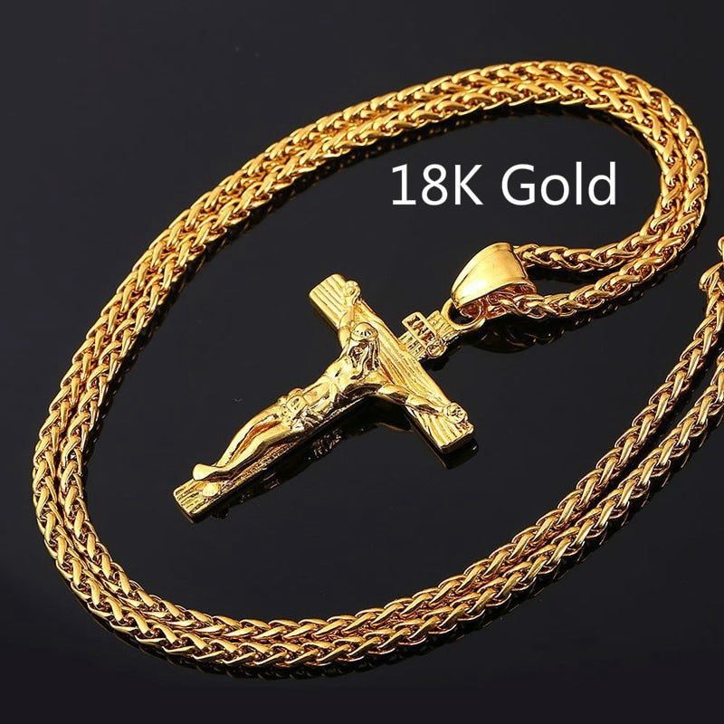 Collier croix de jésus religieux pour hommes, pendentif croix couleur or avec chaîne, bijoux cadeaux pour hommes