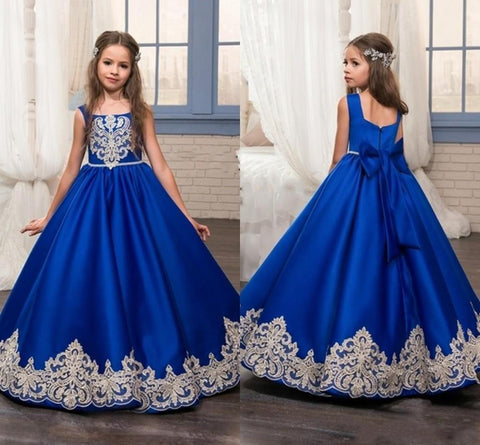 OBF- Girl Dresses Big Bow Flower Girl Dresses 2019 Gold Applique Girls Pageant Dress First Communion Dresses - Growing Kids